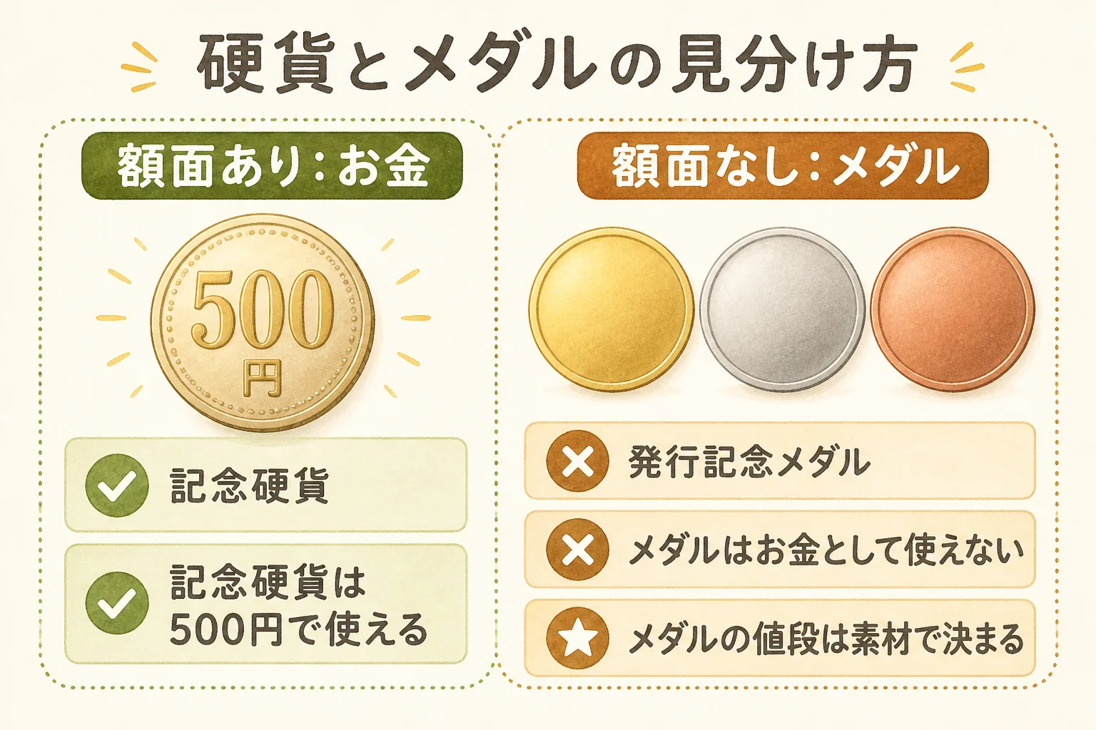 500円の記念硬貨と発行記念メダルの見分け方を示した図解