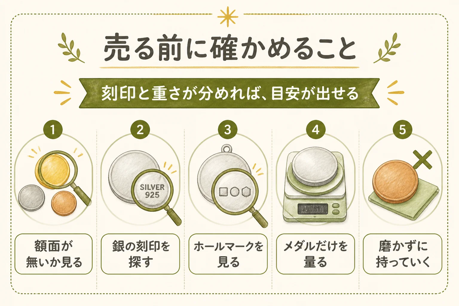500円白銅貨幣発行記念メダルを売る前に確かめる手順を示した図解