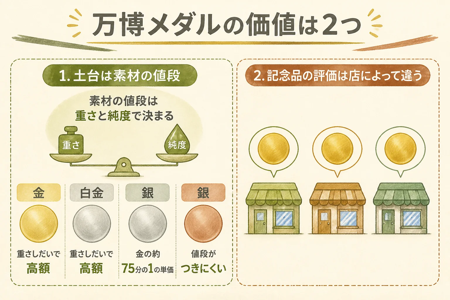 大阪万博の記念メダルの価値の中身を示した図解