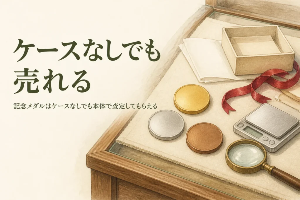 ケースなしの記念メダルの査定のアイキャッチ。無地の金色・銀色のメダルと古い紙箱、はかり