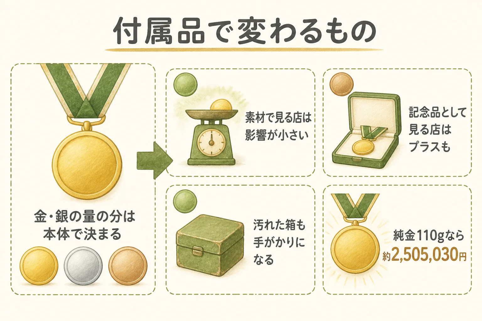 記念メダルの付属品の有無で査定の何が変わるかを示した図解
