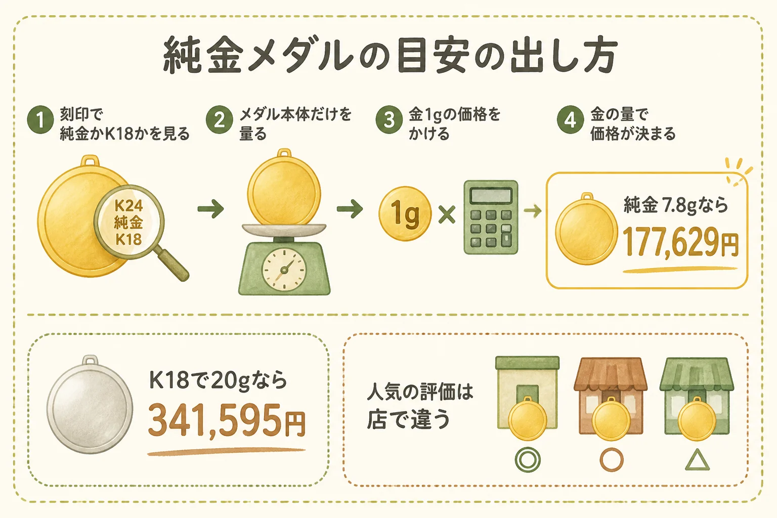 キャラクターの純金メダルの値段の目安を出す手順の図解