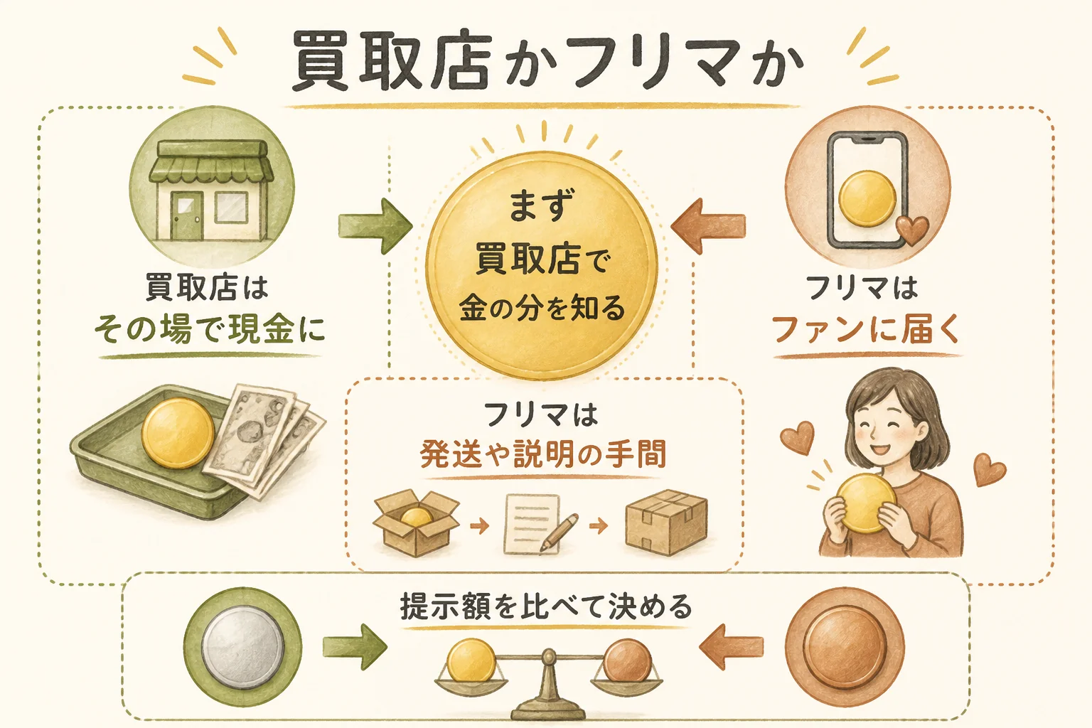 純金メダルを買取店とフリマのどちらで売るか決める図解