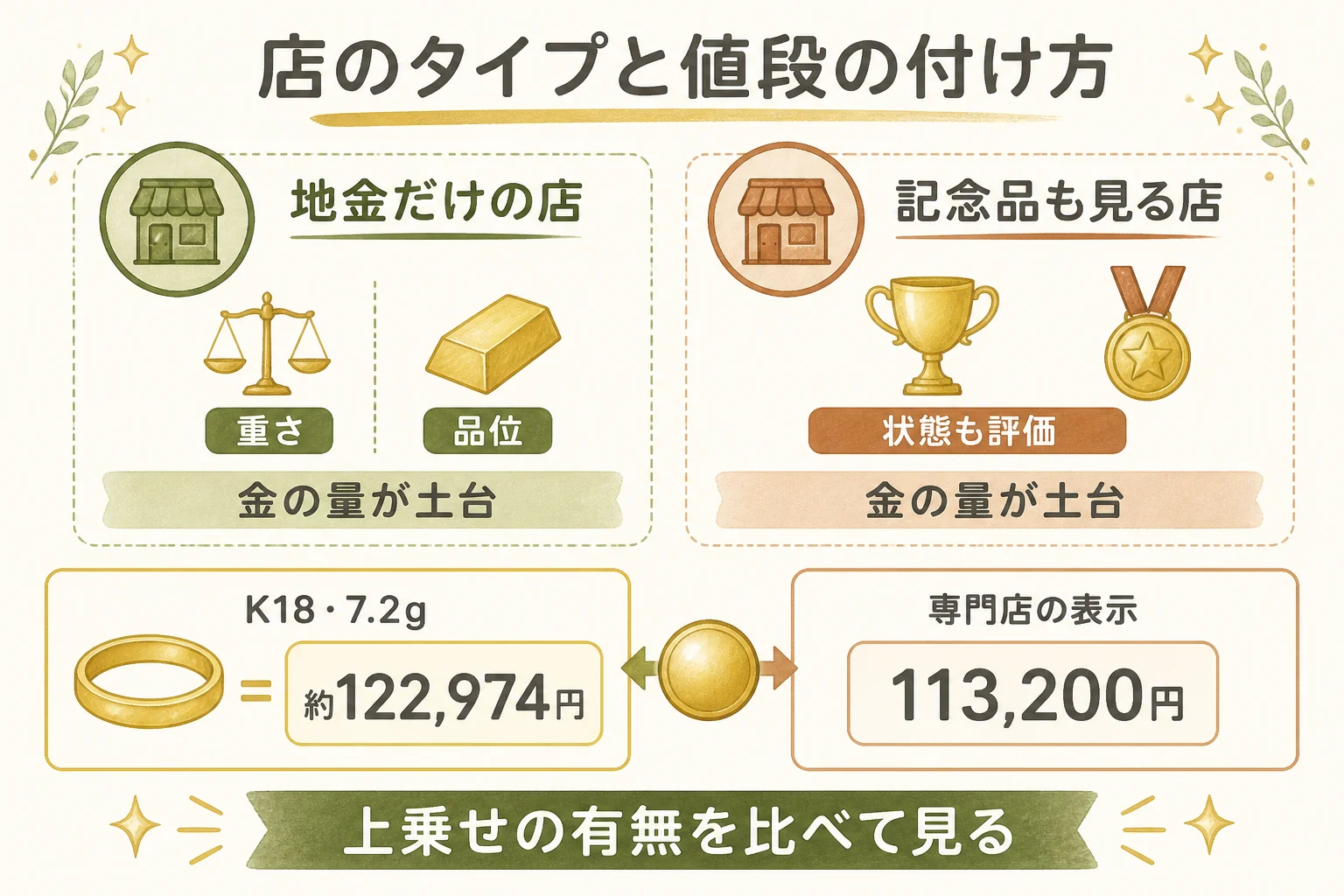 コインの専門店と貴金属買取店の値段の付け方の図解