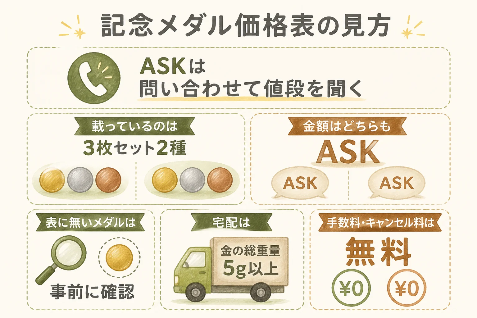 大黒屋の記念メダル価格表の見方の図解