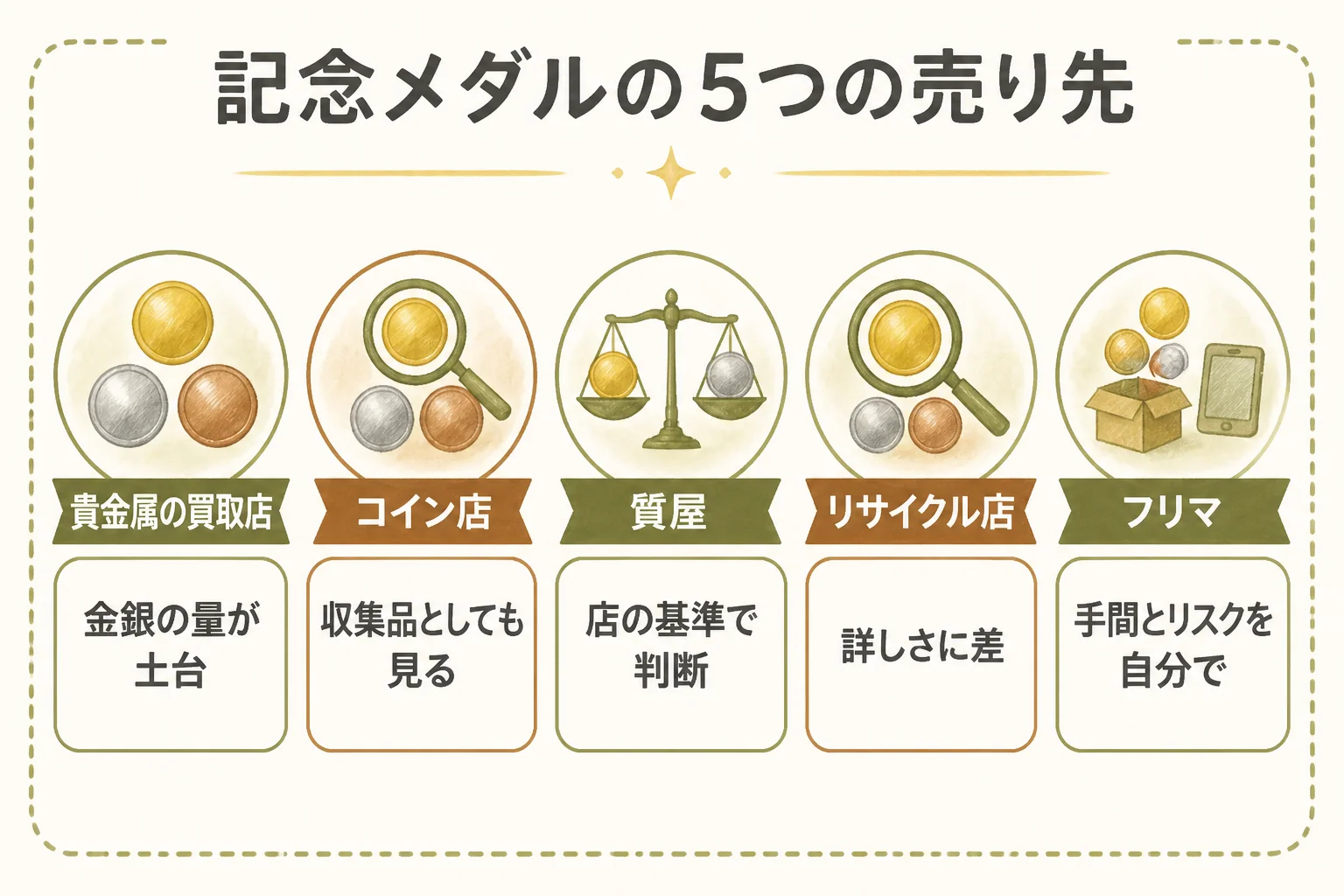 記念メダルの5つの売り先と向いているメダルを示した図解