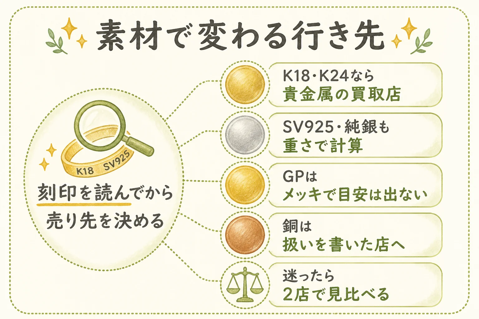 記念メダルの素材ごとの売り先の選び方を示した図解