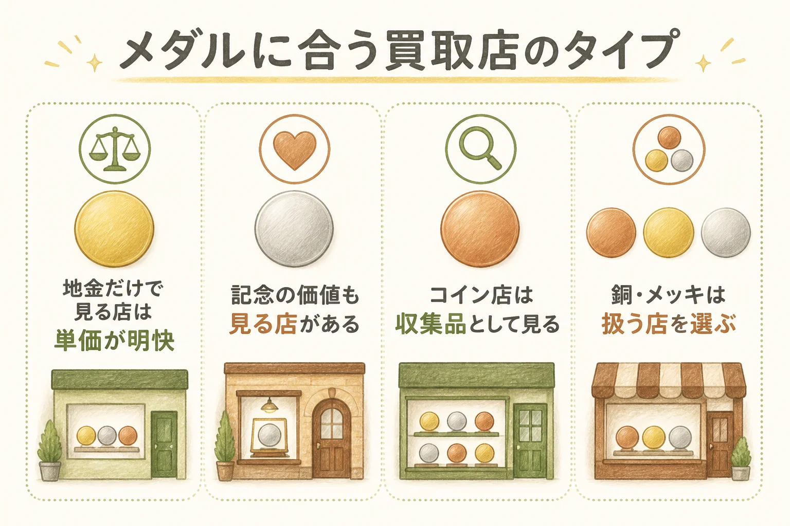 記念メダルに合う買取店のタイプを示した図解