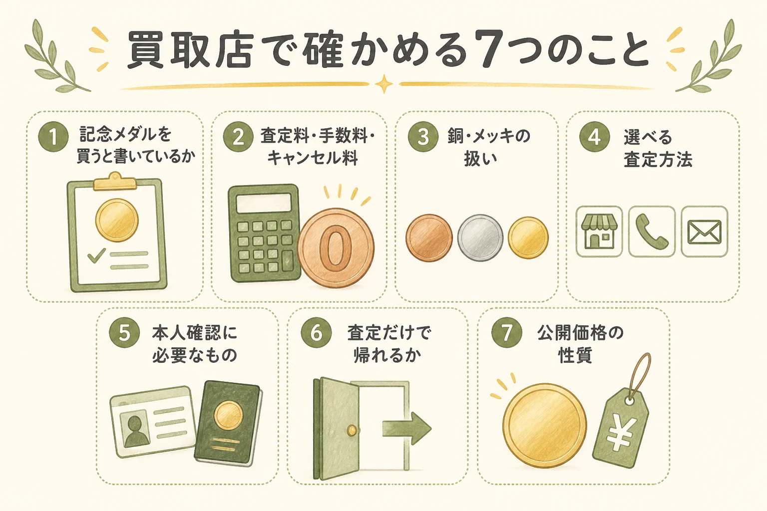 記念メダルの買取店を選ぶ時に確かめる7つのことの図解