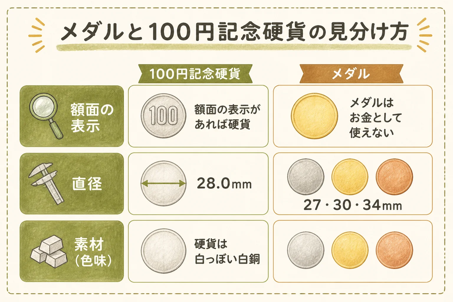エキスポ70の記念メダルと100円記念硬貨の見分け方の図解
