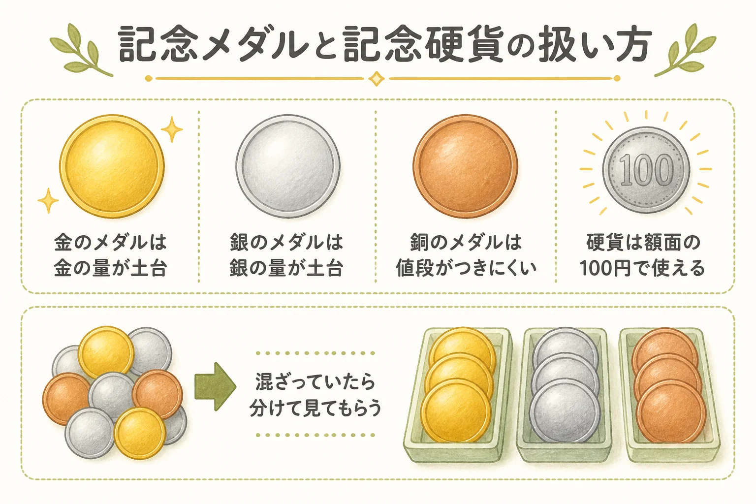 エキスポ70の記念メダルと記念硬貨の扱い方の違いの図解