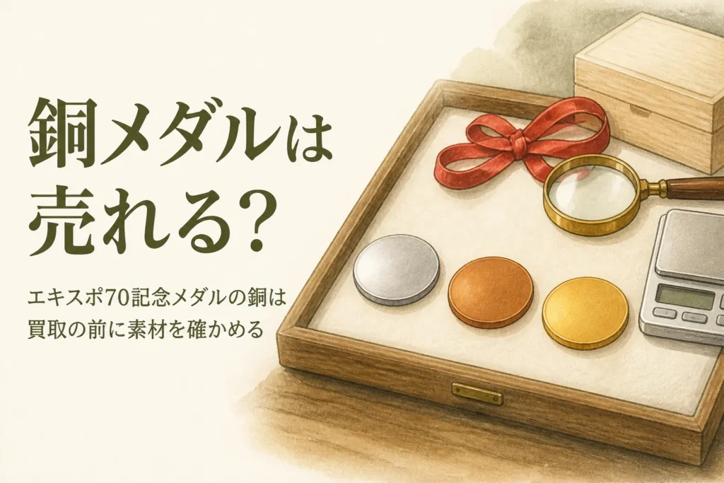 無地の銅色のメダルを中心にしたルーペのイメージ、「銅メダルは売れる？」の文字