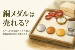 無地の銅色のメダルを中心にしたルーペのイメージ、「銅メダルは売れる？」の文字