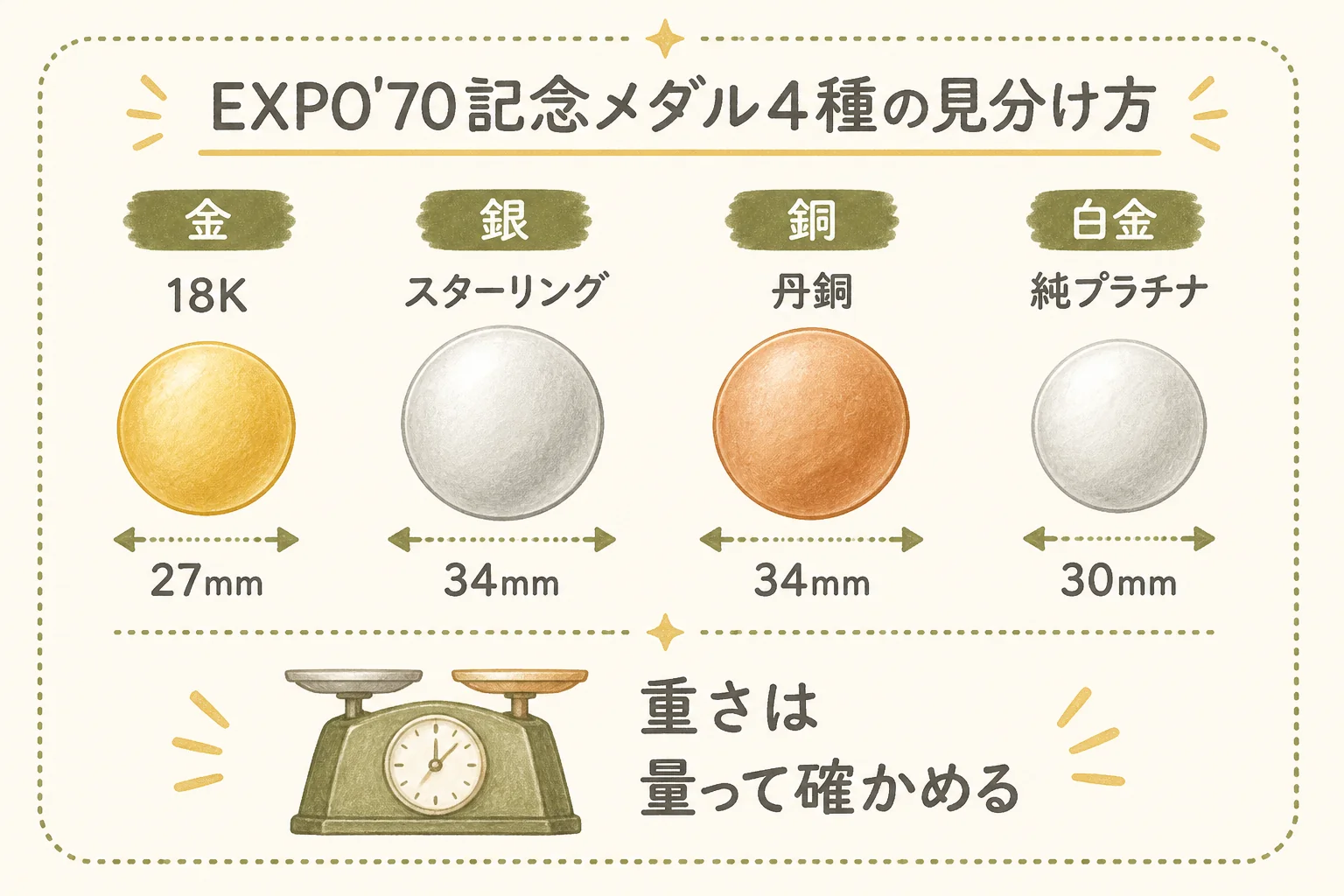 EXPO'70記念メダルの4種類を見分けるポイントの図解