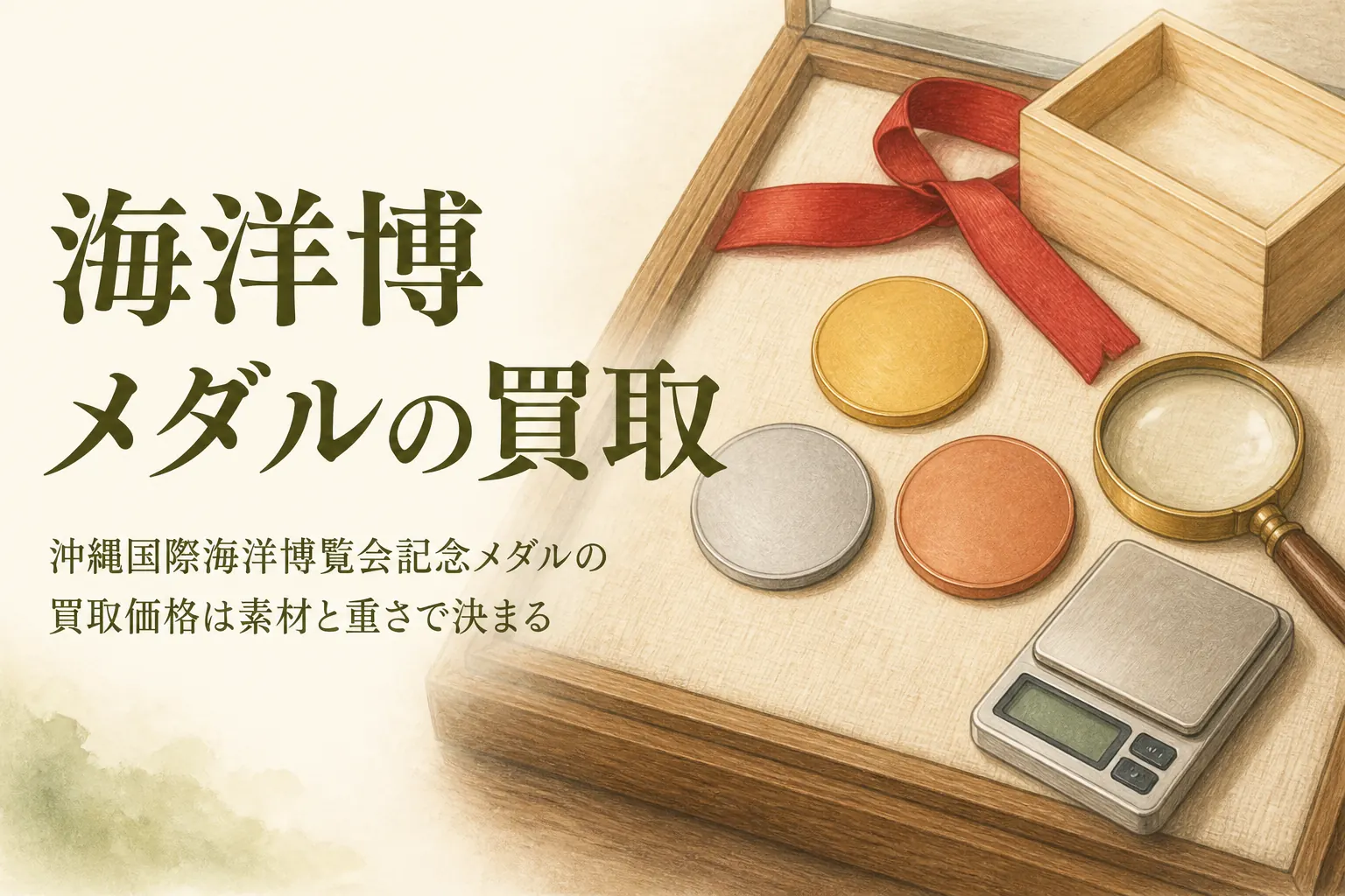無地の金色・銀色・銅色のメダルとはかりのイメージ、「海洋博メダルの買取」の文字