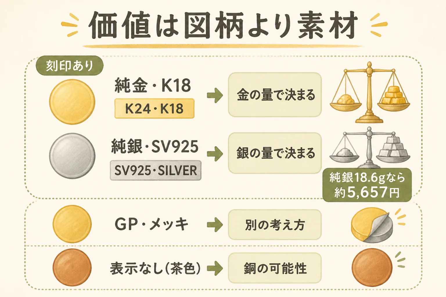 つくば万博の記念メダルの価値を素材で見分ける図解