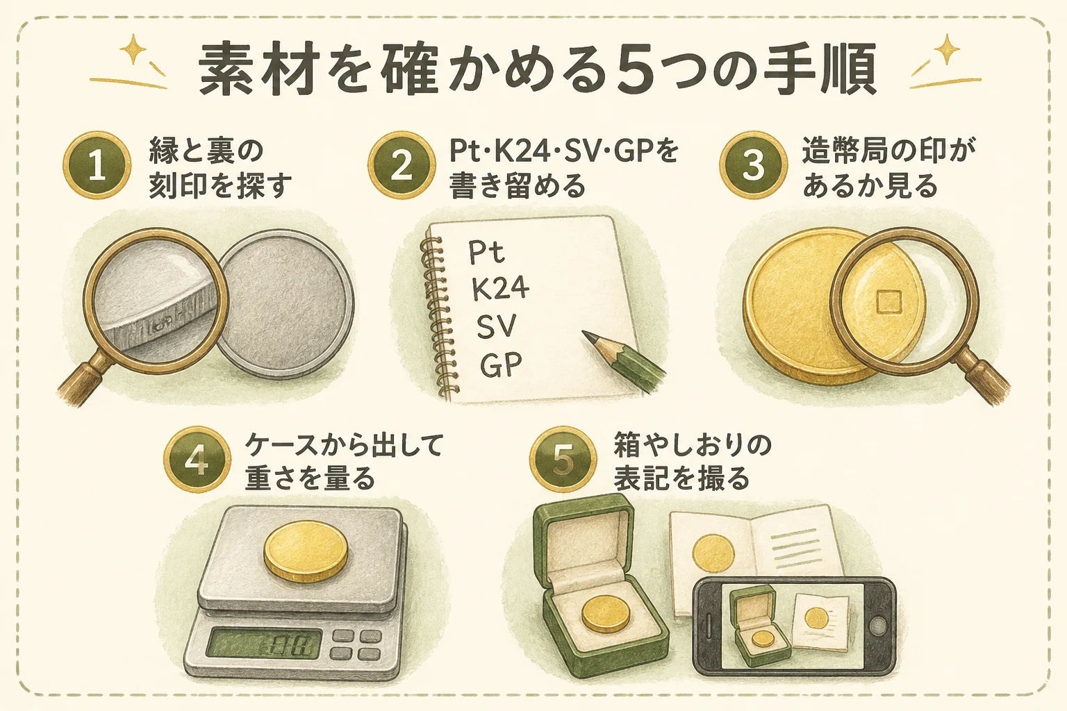 御成婚メダルの素材を確かめる手順の図解