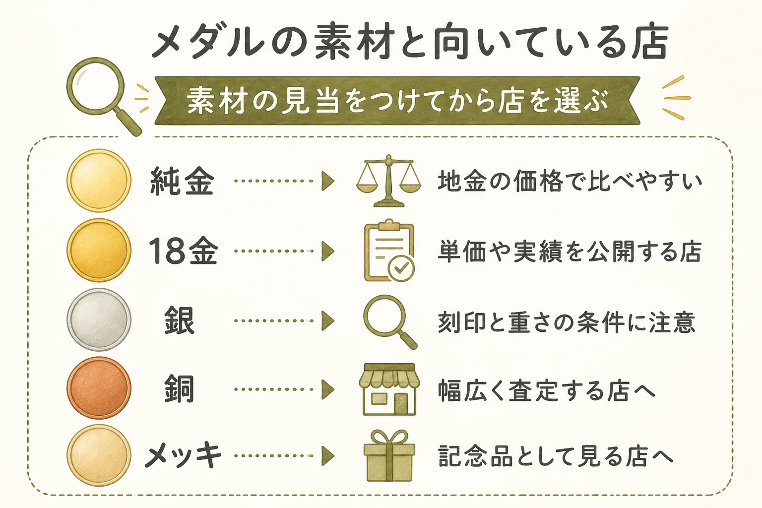 記念メダルの素材と向いている店の図解