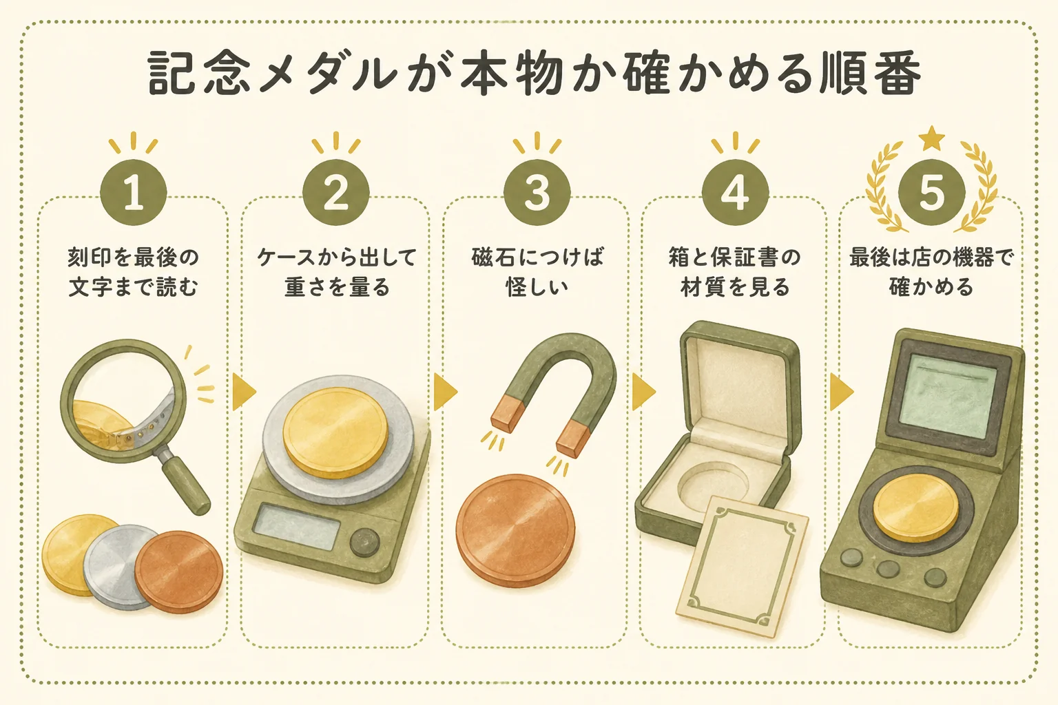 記念メダルが本物か確かめる順番の図解