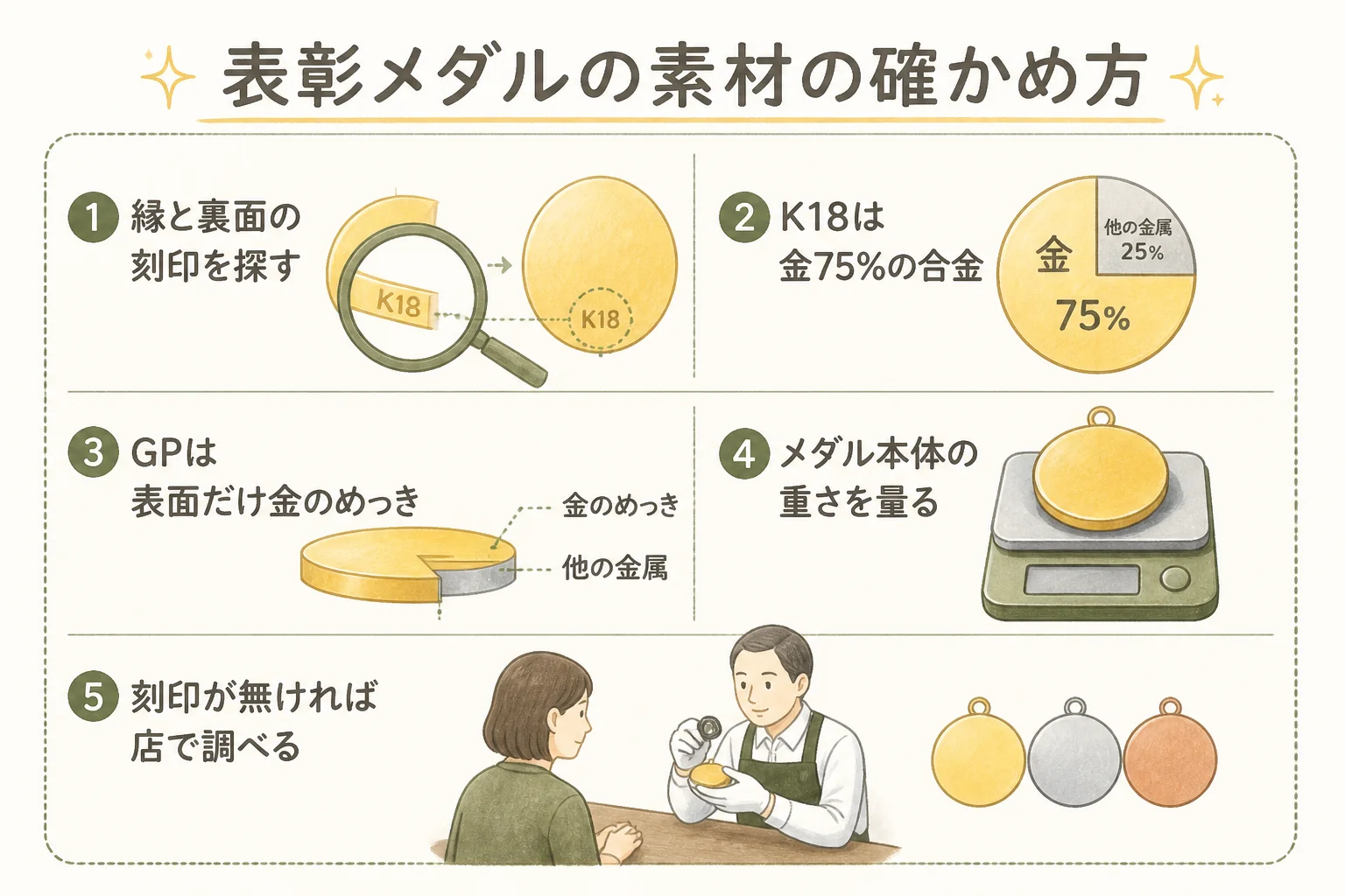表彰メダルの素材を刻印と重さで確かめる図解