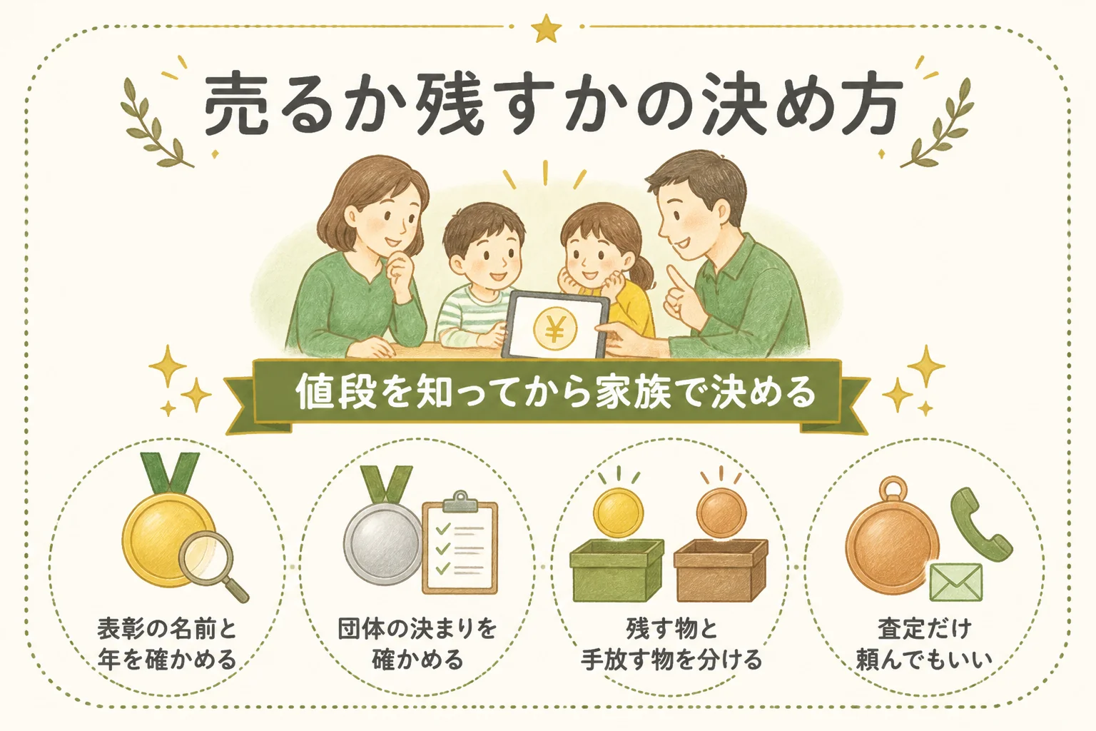 表彰メダルを売るか残すかを決める流れの図解
