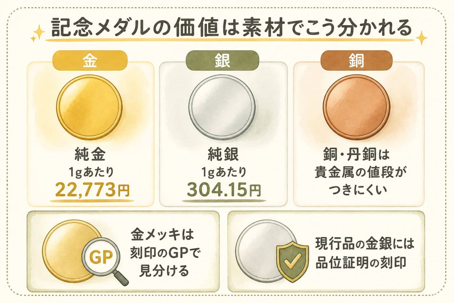 主な記念メダルを素材ごとに分けた一覧の図解