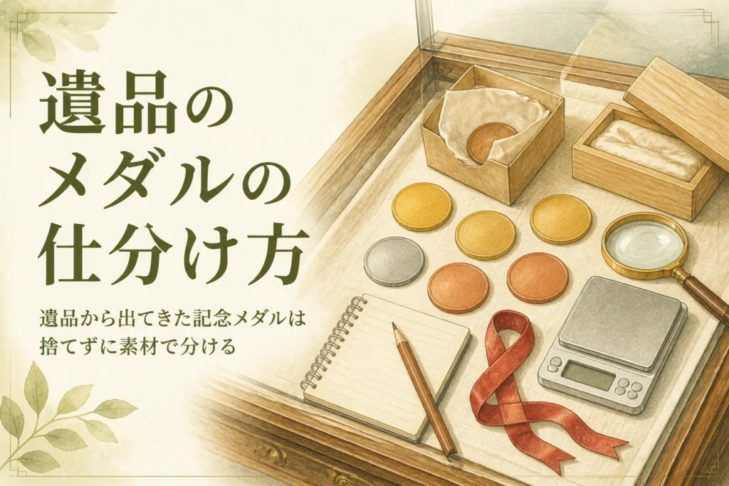 遺品の記念メダルの仕分けのアイキャッチ。無地の金色・銀色・銅色のメダルと古い紙箱、はかり