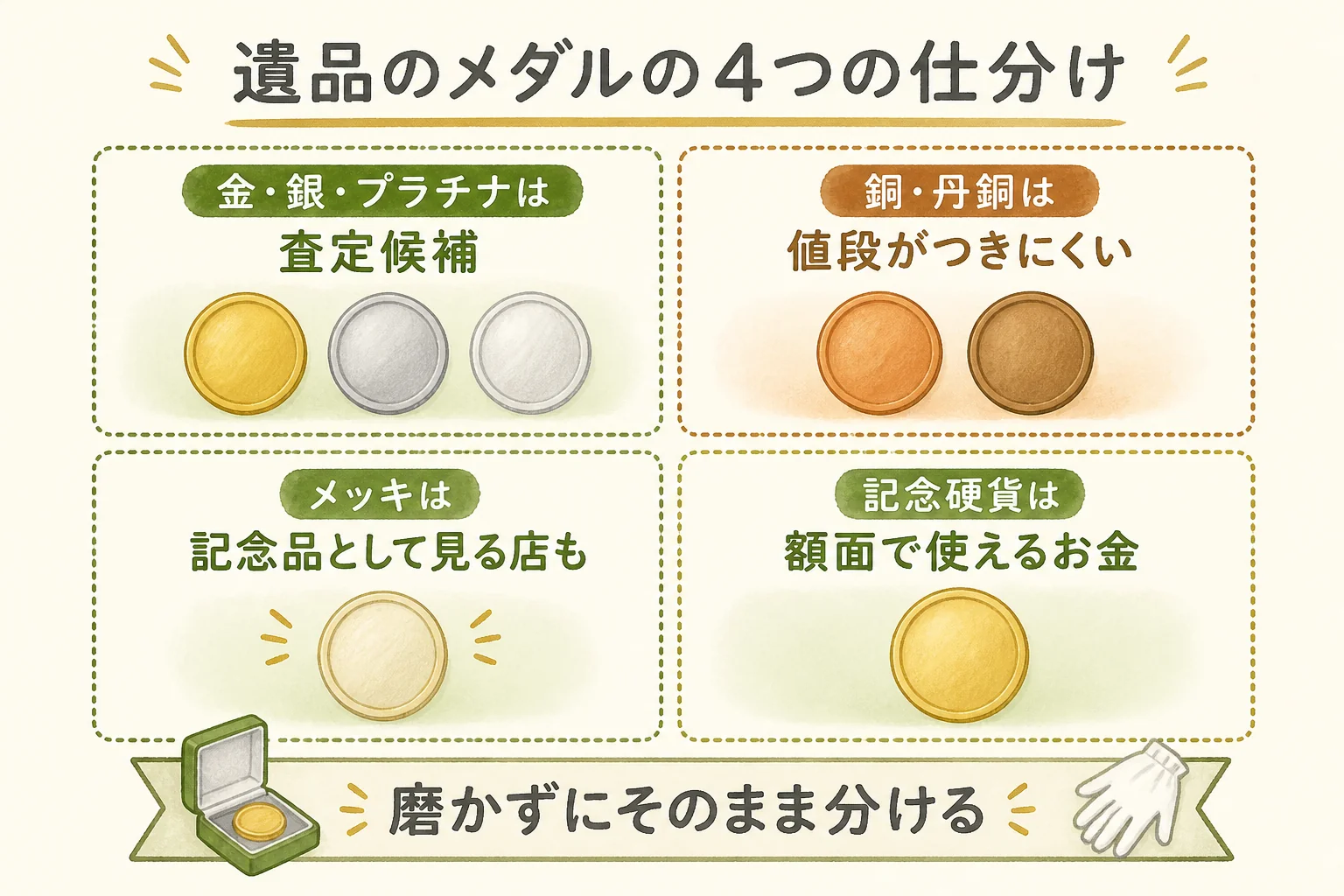 遺品の記念メダルを素材ごとに4つに仕分ける手順の図解
