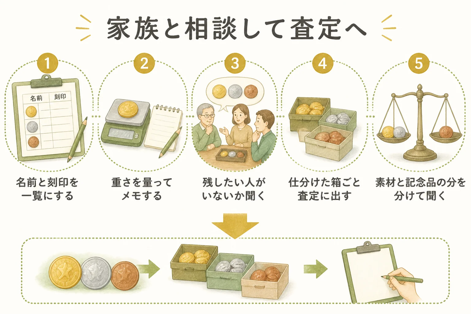 遺品の記念メダルを家族と相談してまとめて査定に出す流れの図解