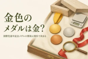無地の金色のメダルとルーペのイメージ、「金色のメダルは金？」の文字