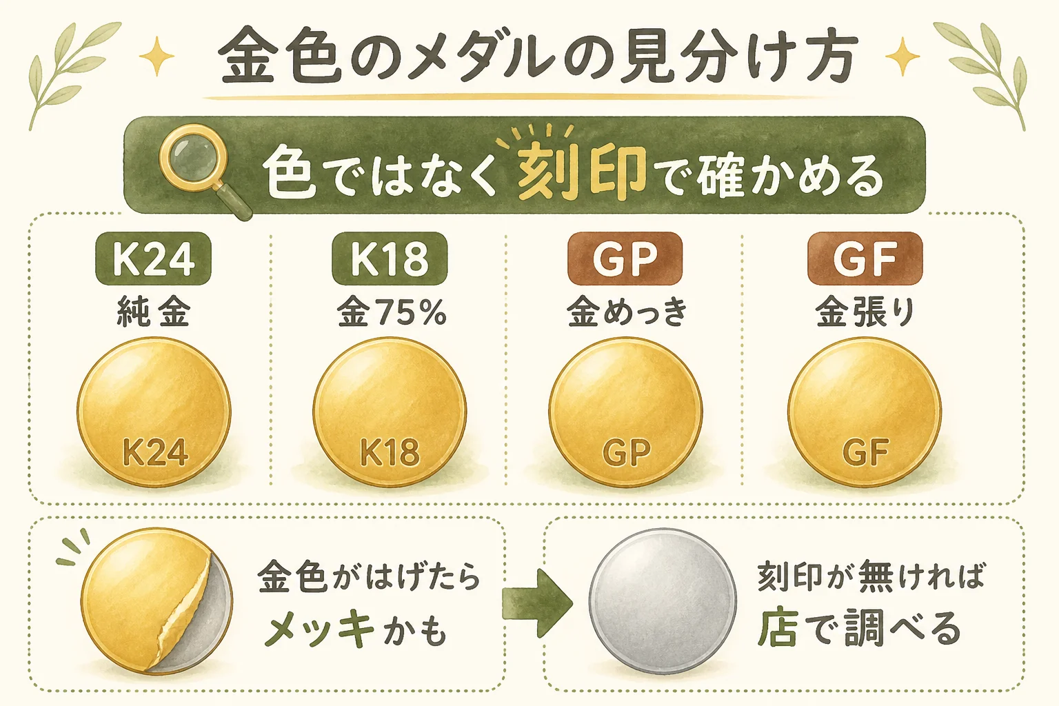 金色のメダルが金かメッキかを確かめる図解