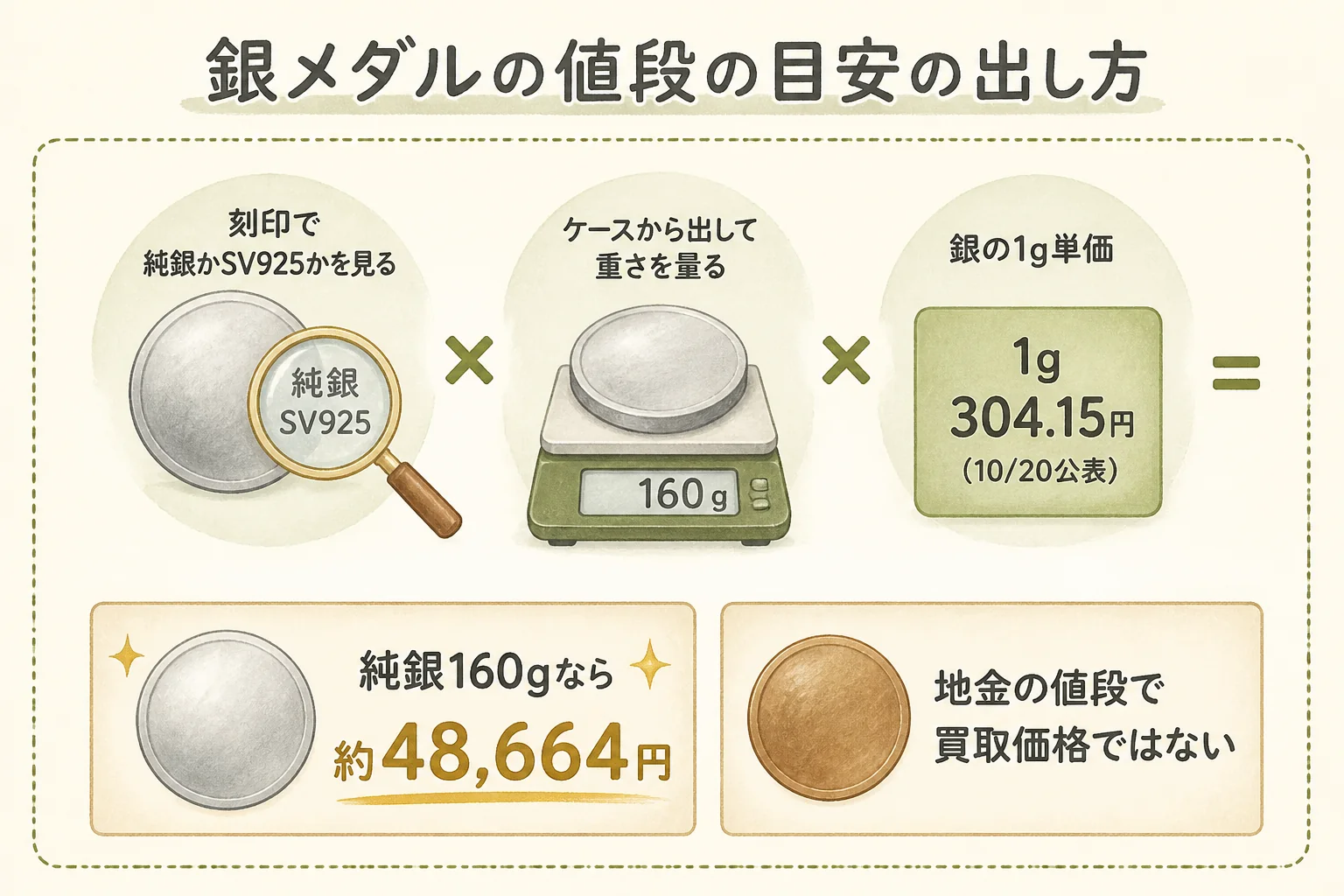 銀メダルの値段の目安を重さから出す計算の図解