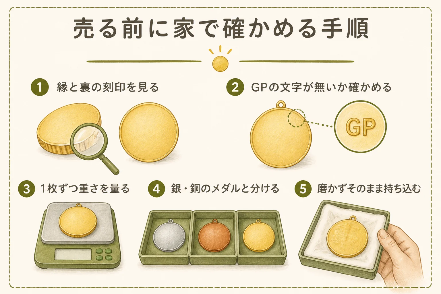 18金の記念メダルを売る前に家で確かめる手順を示した図解