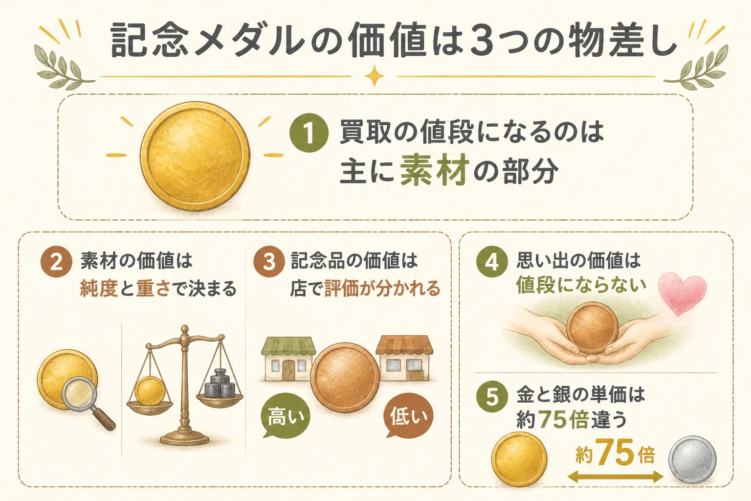 記念メダルの価値を素材・記念品・思い出の3つに分けた図解
