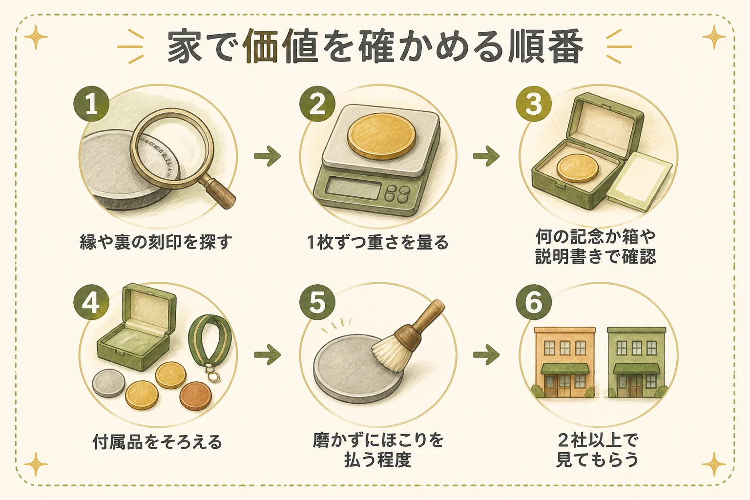 記念メダルの価値を家で確かめる手順の図解