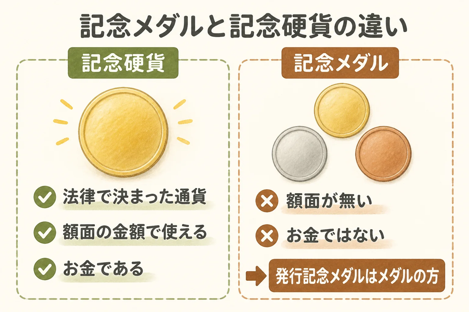 記念メダルと記念硬貨の違いの図解