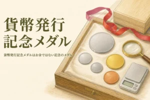 貨幣発行記念メダルのアイキャッチ。無地の銀色のメダルとルーペ、はかり