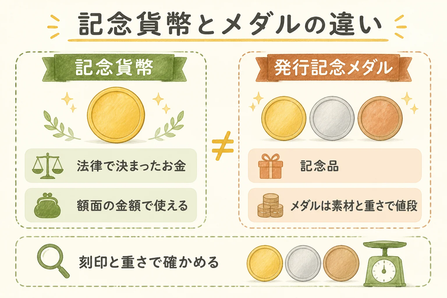 貨幣発行記念メダルと記念貨幣の見分け方を示した図解