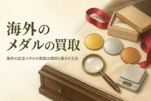 無地の金色・銀色のメダルと古い小箱のイメージ、「海外のメダルの買取」の文字