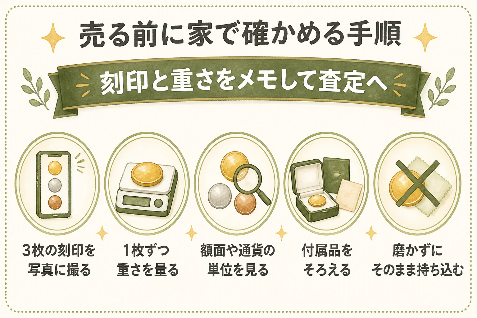 海外大会の記念メダルを売る前に家で確かめる手順を示した図解