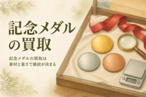 記念メダルの買取ガイドのアイキャッチ。無地の金色・銀色・銅色のメダルとルーペ、はかり