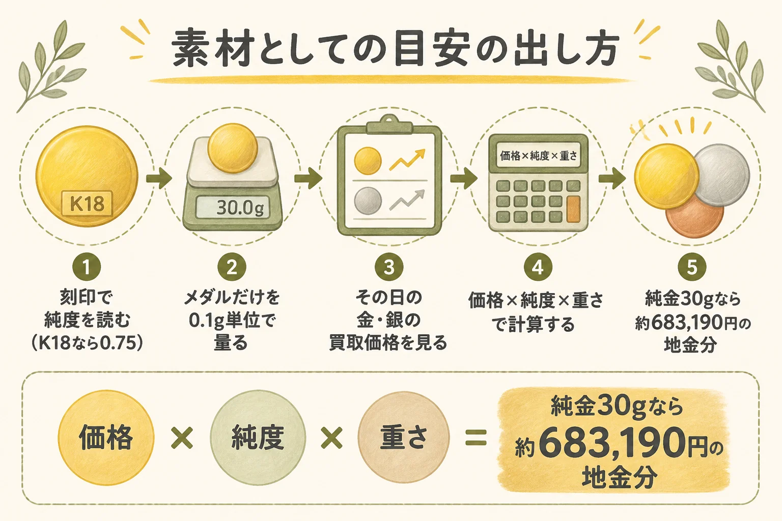 記念メダルの素材としての目安を出す3ステップの図解