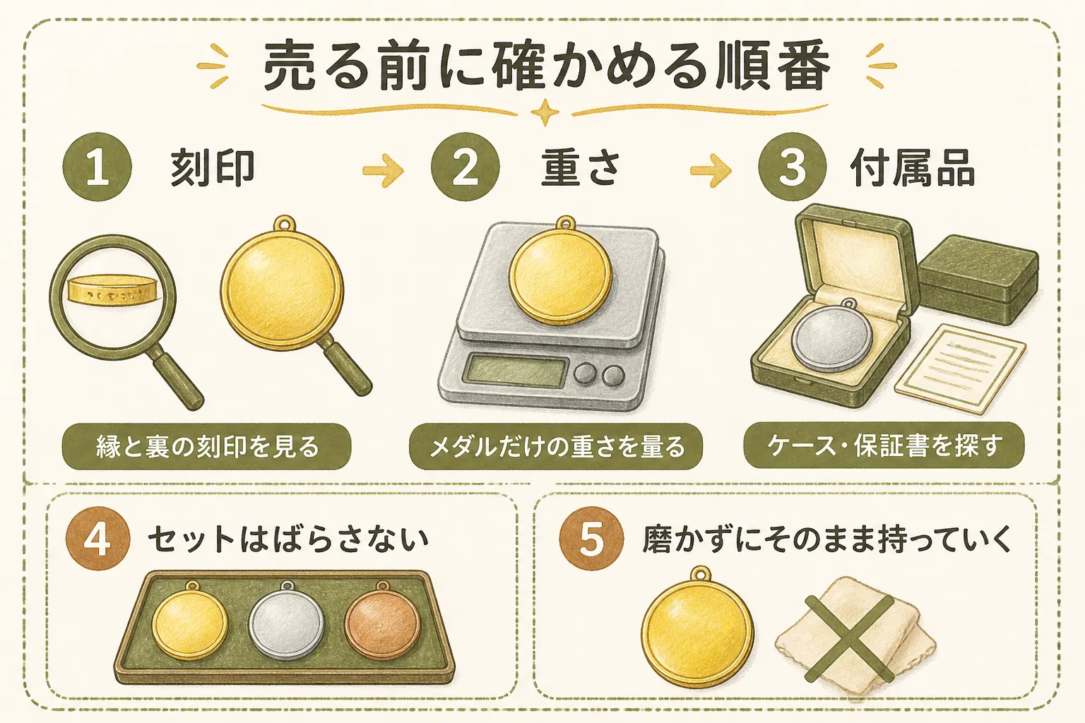 記念メダルを売る前に確かめる順番の図解