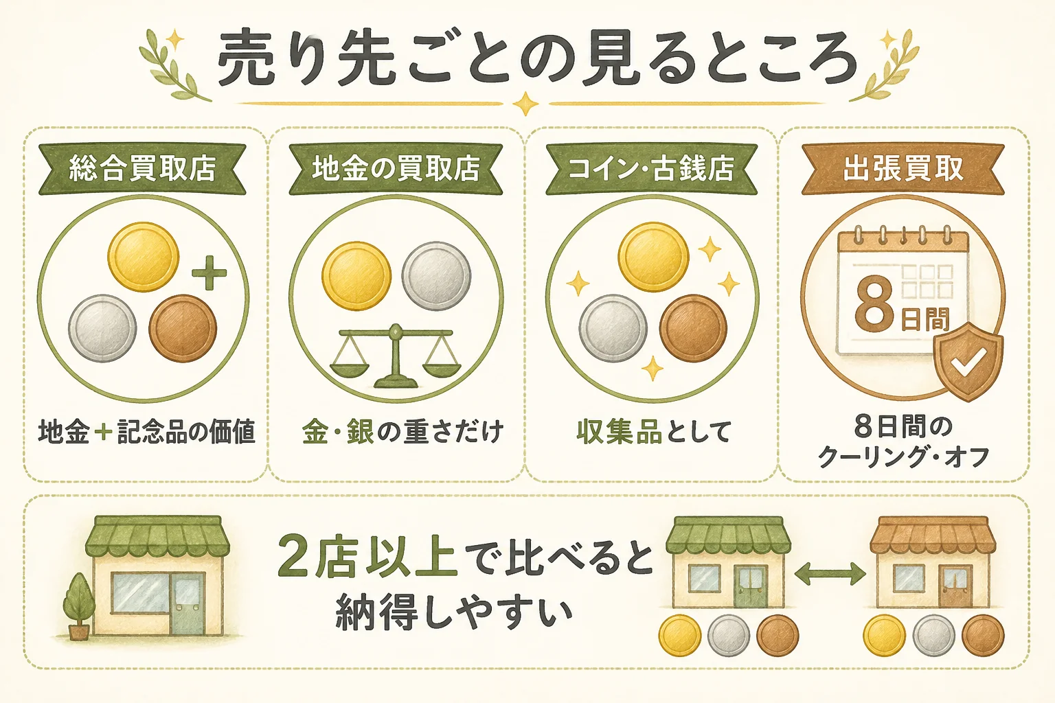 記念メダルを売る店の種類ごとの違いの図解