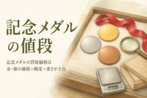 記念メダルの買取価格のアイキャッチ。無地の金色・銀色・銅色のメダルと電卓、はかり