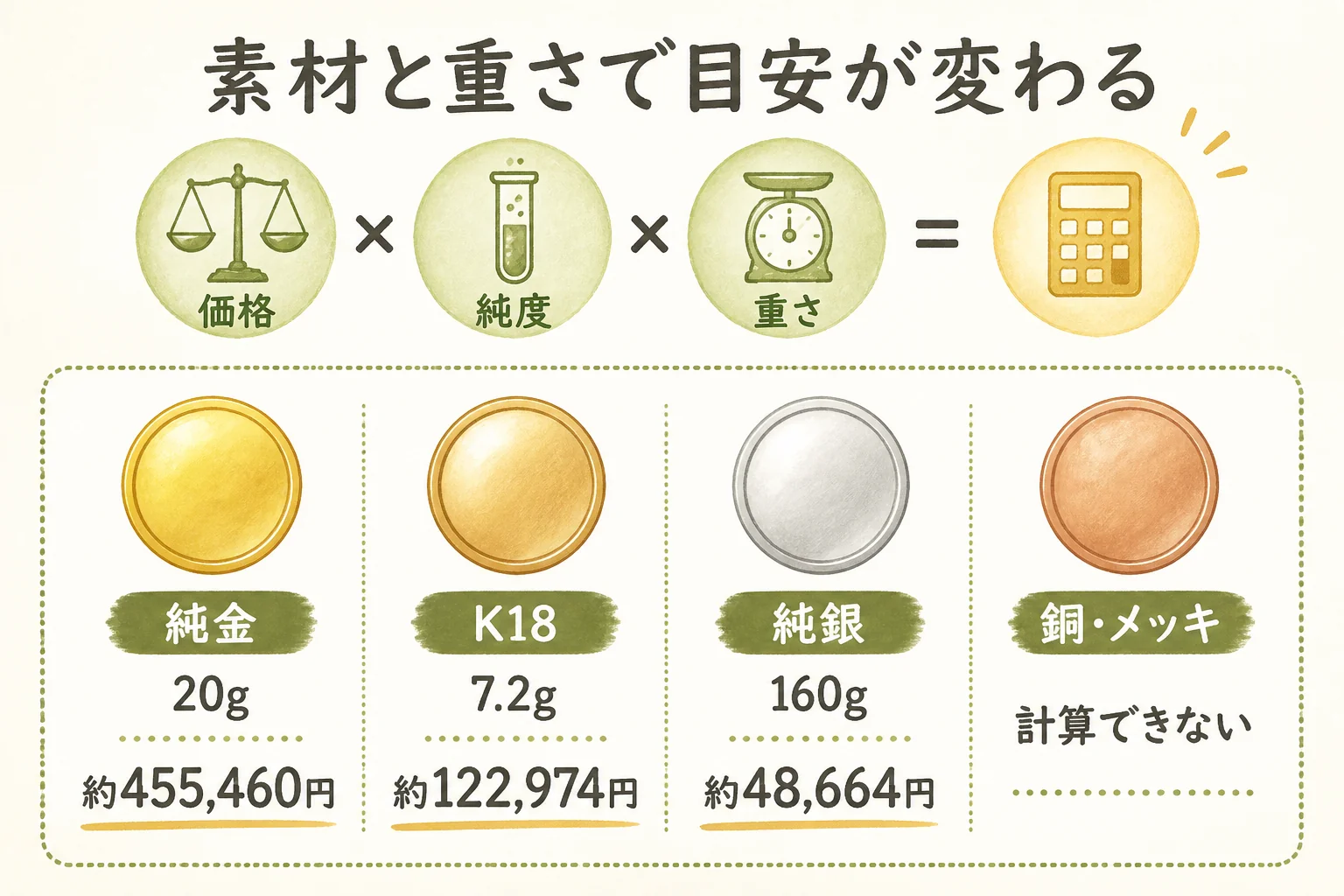 素材と重さで記念メダルの値段の目安が変わる様子を示した早見表の図解