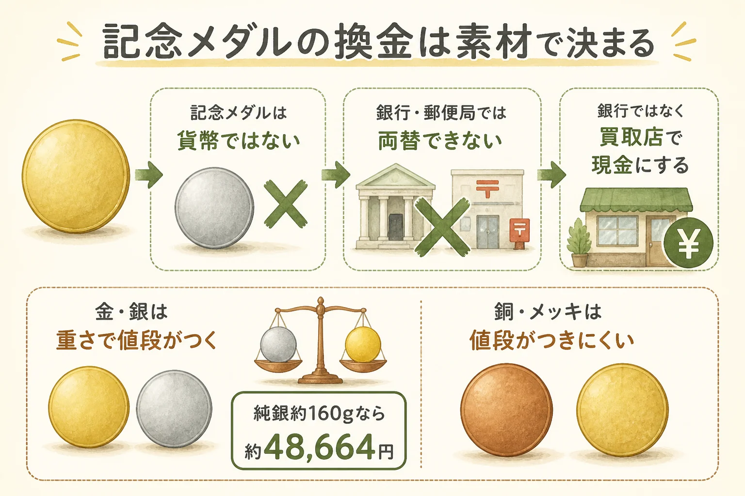 記念メダルを換金する時の値段が素材で決まることを示した図解