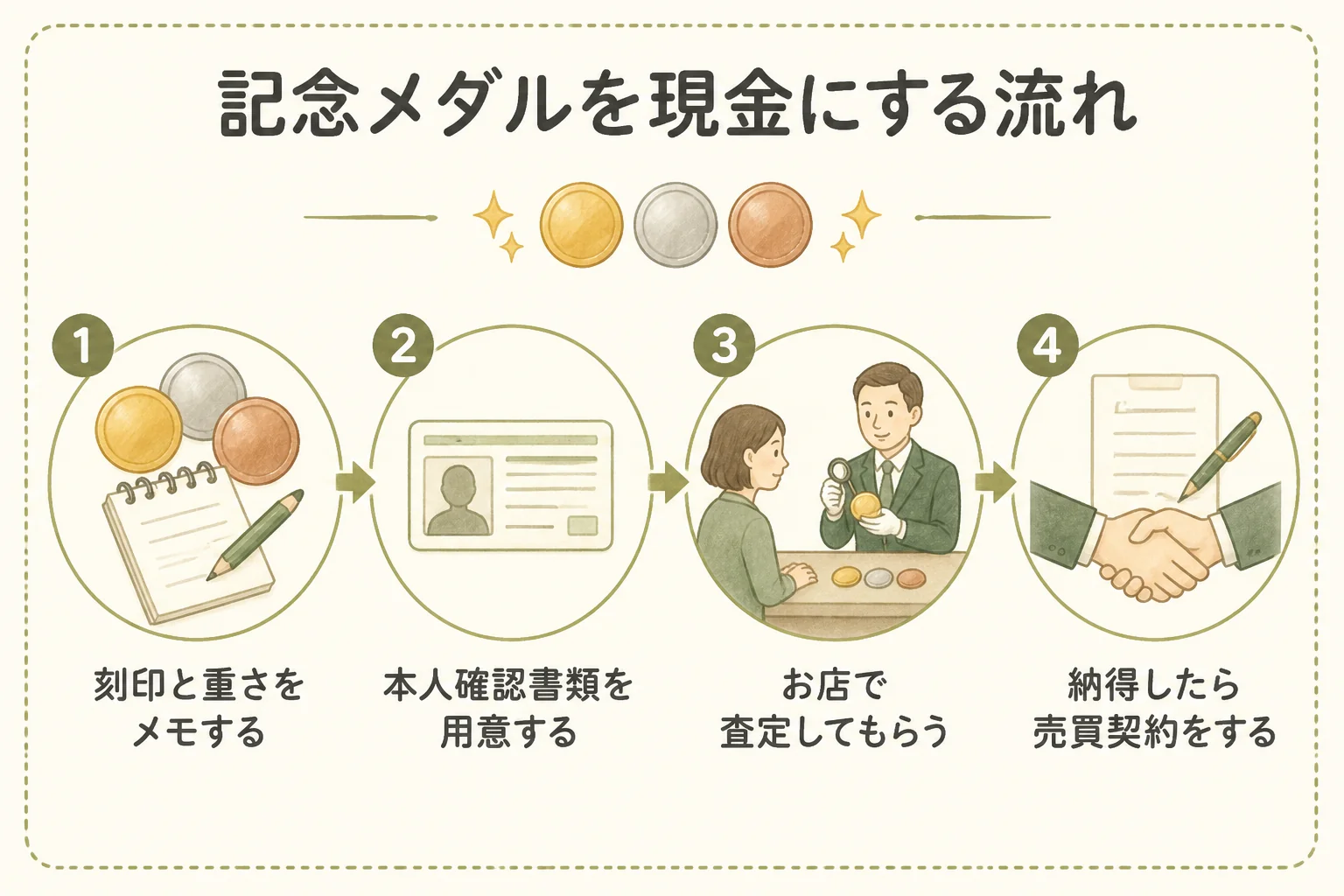 記念メダルを買取店で現金にするまでの流れを示した図解