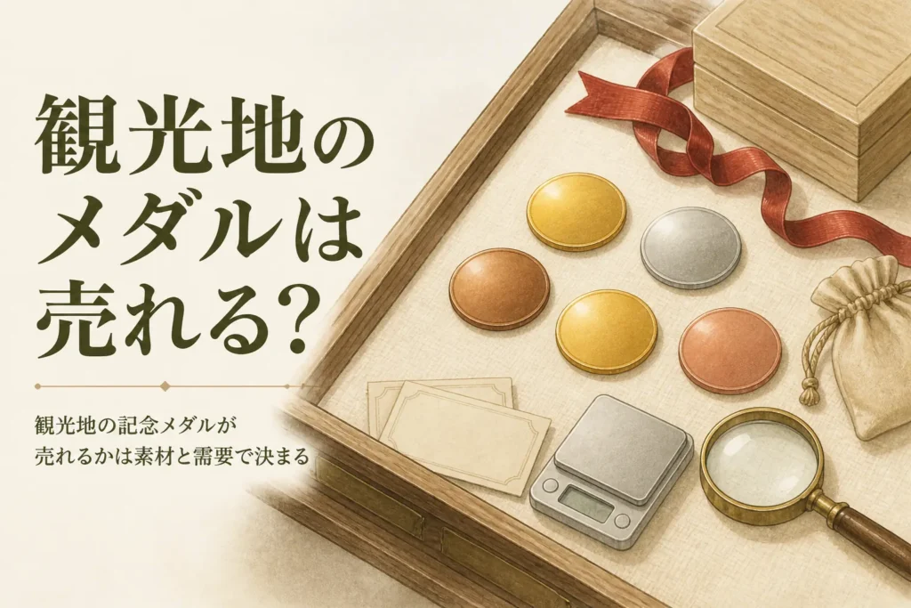 無地のメダルと布袋のイメージ、「観光地のメダルは売れる？」の文字