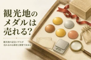 無地のメダルと布袋のイメージ、「観光地のメダルは売れる？」の文字